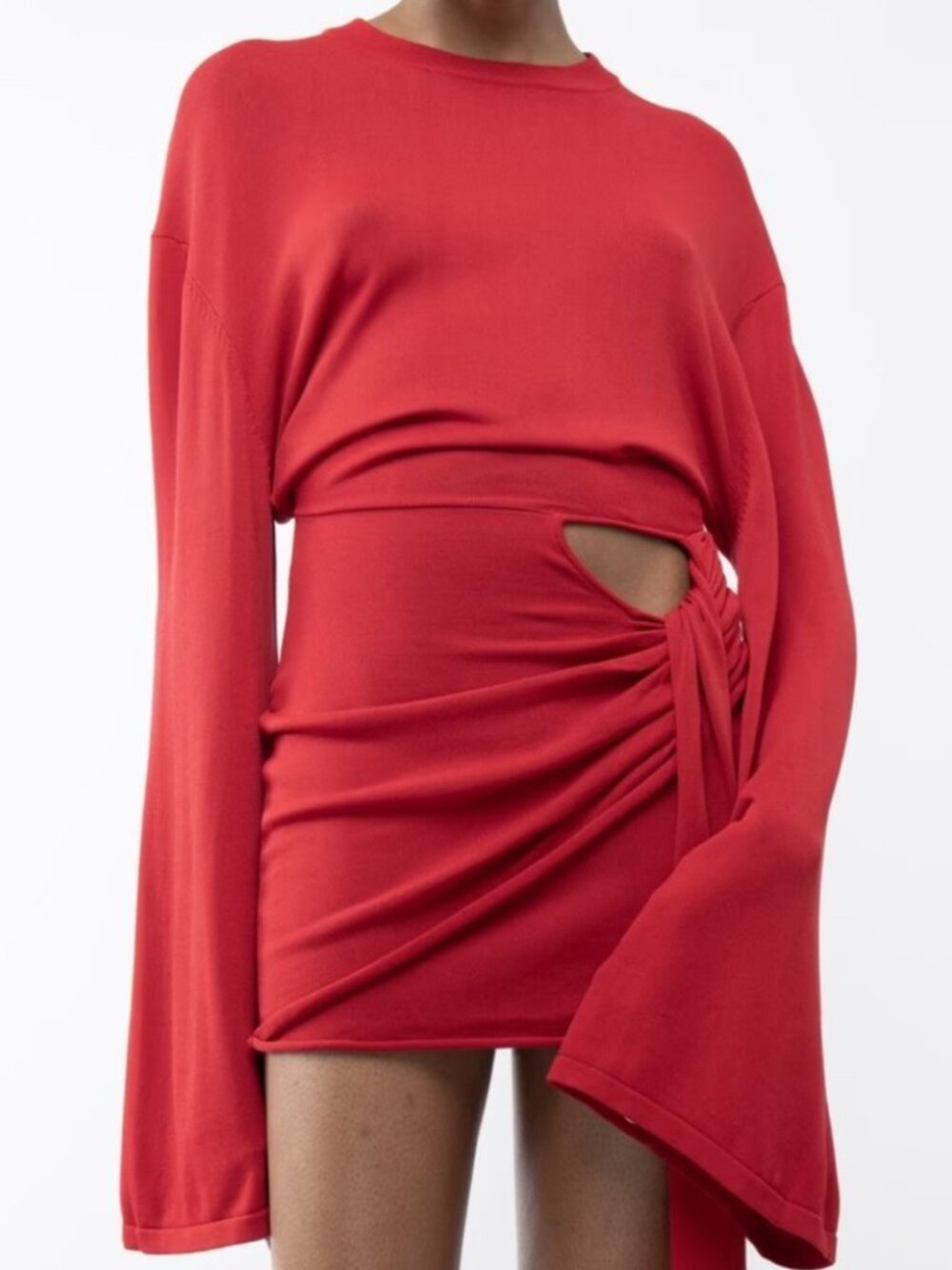 Arakii Drape Knit T-Shirt Dress Red Ruched Mini Long Sleeves Party Size XS